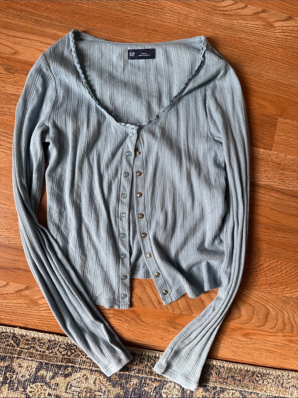 GAP Light Blue Ribbed Pointelle Button-Front Long Sleeve Cardigan
